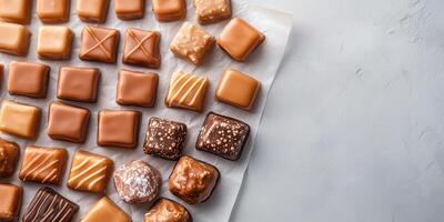 Assortment of soft caramel sweets organized by size on parchment paper photo
