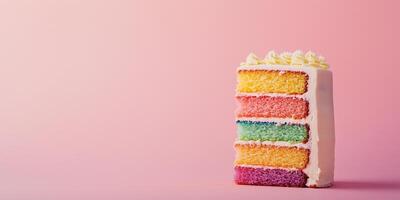 Slice of layer cake at bottom right revealing colorful layers inside photo