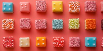 Bite confections arranged to create a pixelated image on surface photo