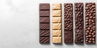Several chocolate bars placed vertically on the right, showcasing unique shapes and textures photo