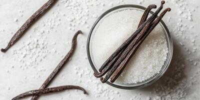 Vanilla bean seeds mixed into sugar in a glass container photo