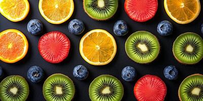 Fruit slice confections used to create a repeating pattern on dark background photo