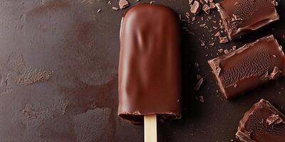 Ice cream bar on stick dipped in chocolate to create outer shell photo