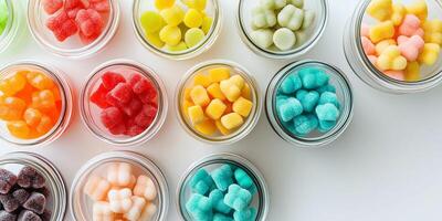Multiple bear-form sweets placed in clear glass jars of different sizes photo