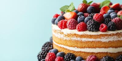 Layer cake at the top right, with fruit garnishes at the bottom edge photo