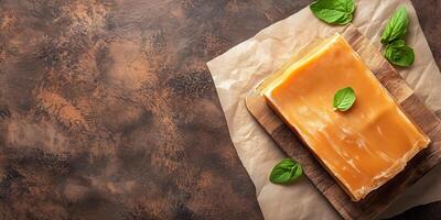 Cross-section of soft caramel revealing smooth interior on cutting board photo