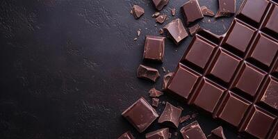Dark chocolate bars placed vertically on the right, distinct shapes and surfaces photo