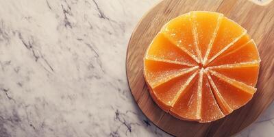 Cross-section of wheel candy revealing inner texture on cutting board photo