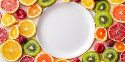 Fruit slice sweets lined up to create a border around an empty plate photo