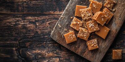 Cross-section of caramel cluster revealing inner components on cutting board photo