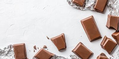 Milk chocolate bars scattered across the bottom border, overlapping, wrappers crumpled photo
