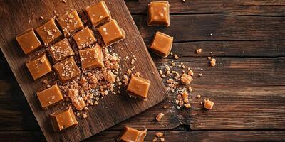 Cross-section of caramel cluster revealing inner components on cutting board photo