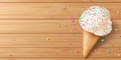 Scoop of ice cream in cone with sprinkles, set against wooden table backdrop photo