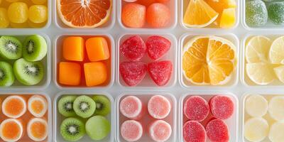Assorted fruit slice candies organized by shape in separate compartments photo