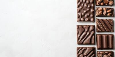 Milk chocolate pieces placed vertically on the right, showing shapes and textures photo