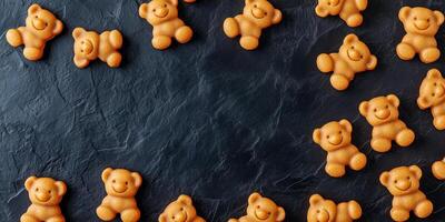 Bear-shaped confections used to create a mosaic pattern on a dark surface photo