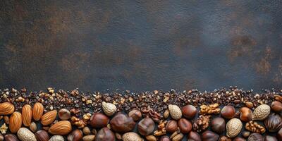 Variety of nuts arranged along the bottom edge, creating a textured border photo
