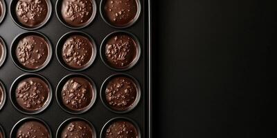 Chocolate discs in molds on a baking sheet in an oven photo