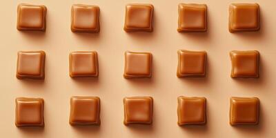 Caramel confections arranged in a grid formation on plain background photo