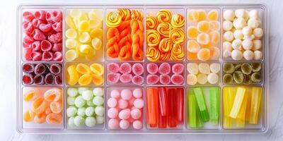 Assortment of twist candies organized by flavor in clear compartments photo