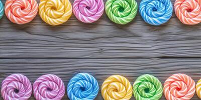 Rope candy strands coiled into circular shapes on wooden surface photo