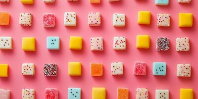 Bite confections arranged to create a pixelated image on surface photo