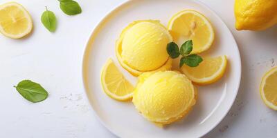 Lemon sorbet in hollowed-out lemon shell on white plate photo