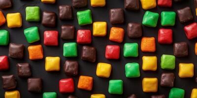 Bite confections arranged to create a pixelated image on surface photo