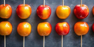 Butter toffee coating apples on sticks in rows photo