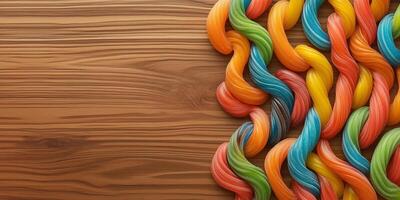 Worm candies intertwined to create a braided pattern on a wooden board photo