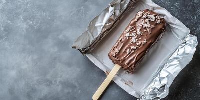 Ice cream sandwich on stick being unwrapped from paper packaging photo
