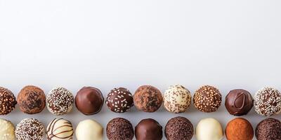 Filled truffles along the bottom edge, touching each other, round shapes photo