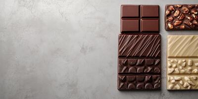 Several chocolate bars placed vertically on the right, showcasing unique shapes and textures photo