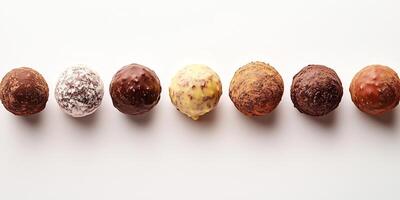 Row of coated truffles at the top, evenly spaced, oriented towards the center photo