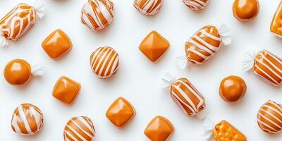 Assortment of caramel chew sweets organized by wrapper design photo
