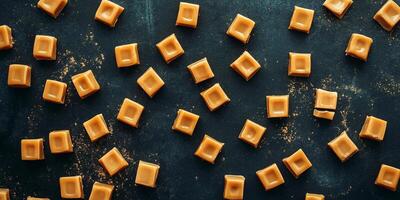 Soft caramel confections arranged to spell out words on a dark background photo