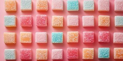 Bite confections arranged to create a pixelated image on surface photo