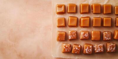 Assortment of soft caramel sweets organized by size on parchment paper photo
