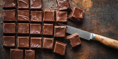 Chocolate-coated toffee being cut into squares with knife photo