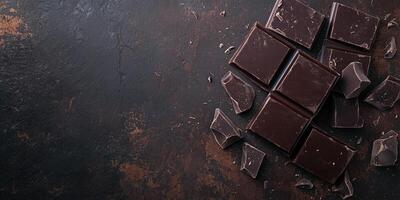 Dark chocolate bars placed vertically on the right, distinct shapes and surfaces photo