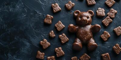 Bear-shaped confections used to create a mosaic pattern on a dark surface photo