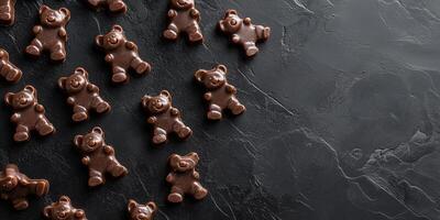 Bear-shaped confections used to create a mosaic pattern on a dark surface photo