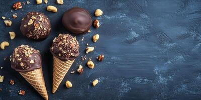 Ice cream cone hand-dipped in chocolate and rolled in nuts photo