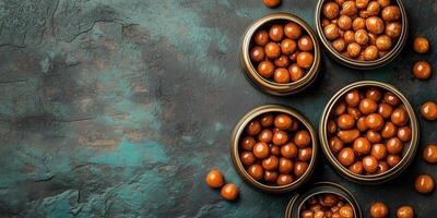 Caramel candies placed in vintage tin containers of different sizes photo