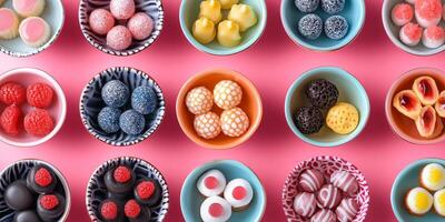 Bite sweets placed in small dishes with varying patterns photo