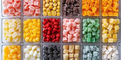 Assortment of twist candies organized by flavor in clear compartments photo