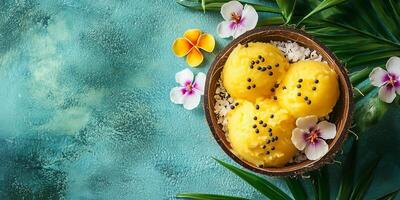 Passion fruit sorbet in coconut shell bowl on tropical table setting photo