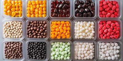 Assortment of cola bottle candies organized by size in clear containers photo