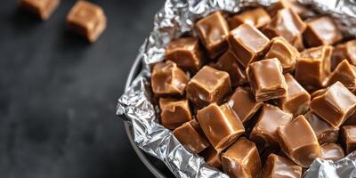 English toffee pieces wrapped in foil on display stand photo