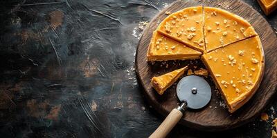 Butter toffee being cut with pizza wheel on cutting board photo